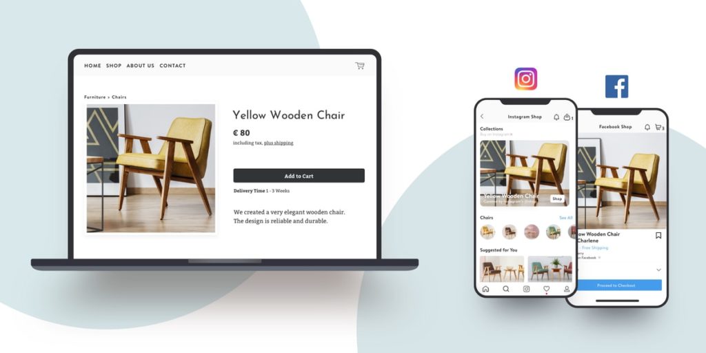 An online shop built with Jimdo shown on Facebook and Instagram.