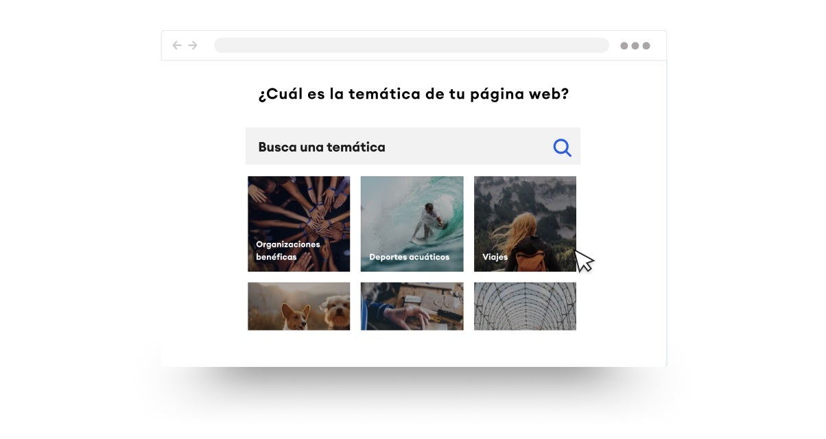 Creador de páginas web, Paso 2: Responde algunas preguntas sobre tu negocio. Barra de búsqueda de tema con imágenes de temas de páginas web.