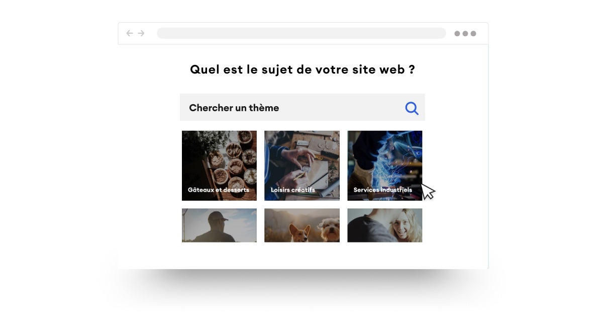 Créateur de site web, étape 2 : Répondez à quelques questions sur votre entreprise. Recherche de sujets.