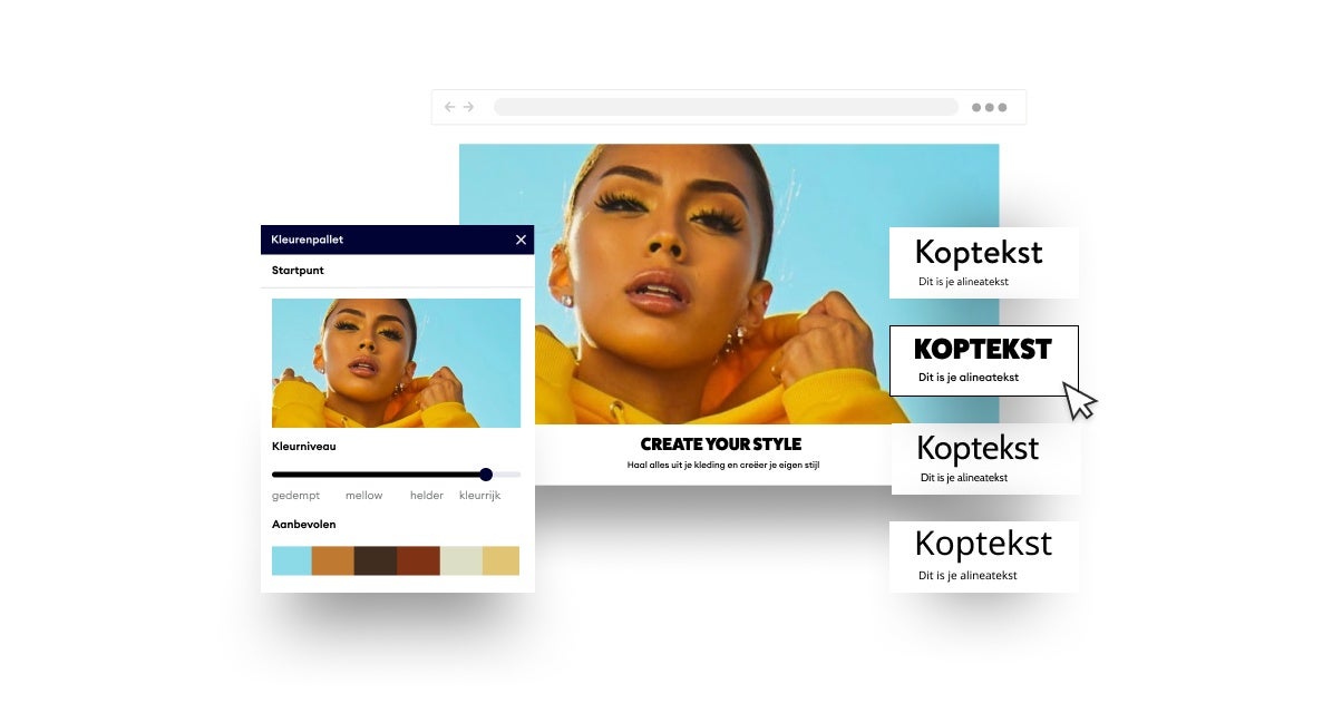 Websitebuilder, stap 3: pas je website precies aan je wensen aan. Kleur, lettertypes, afbeelding van een vrouw.