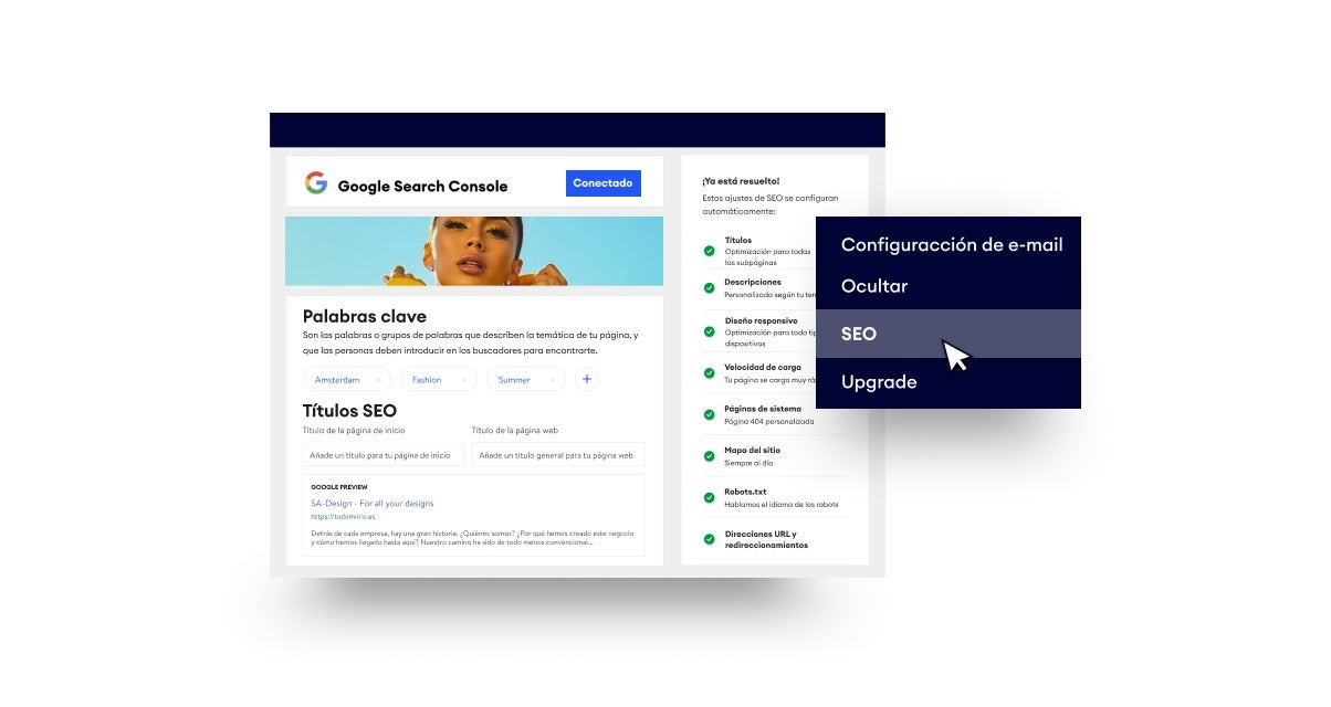 Creador de páginas web, Paso 5: Optimiza tu página web para los motores de búsqueda. Página con opciones de palabras clave y títulos de SEO para páginas web.