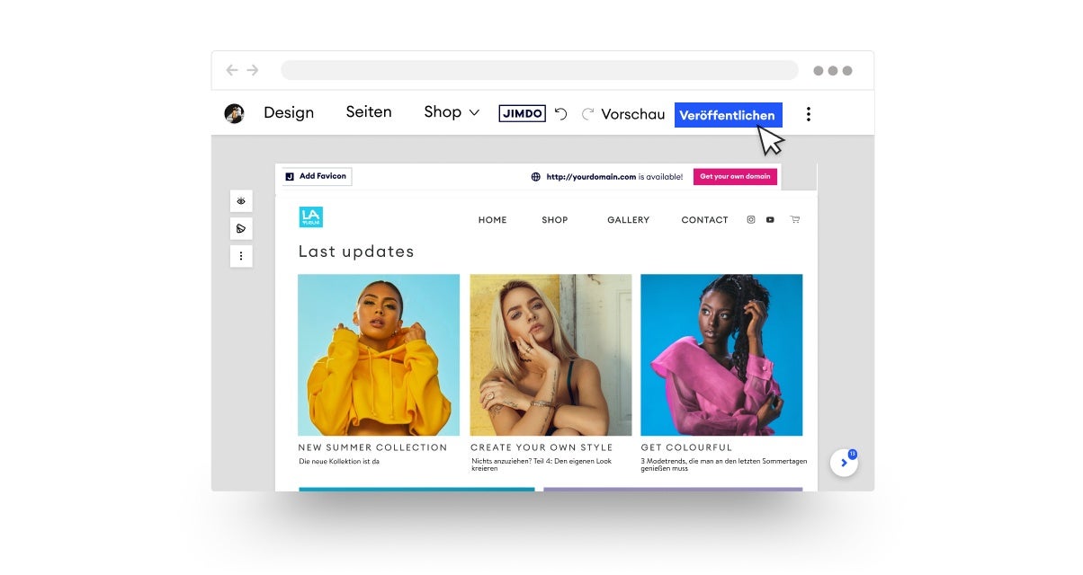 Homepage-Baukasten, Schritt 6: Veröffentliche deine Website! Website mit Maus auf Veröffentlichen.