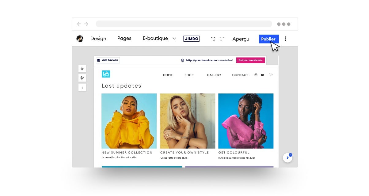 Créateur de site web, étape 6 : Publiez votre site. Aperçu du site et bouton Publier prêt à être cliqué.