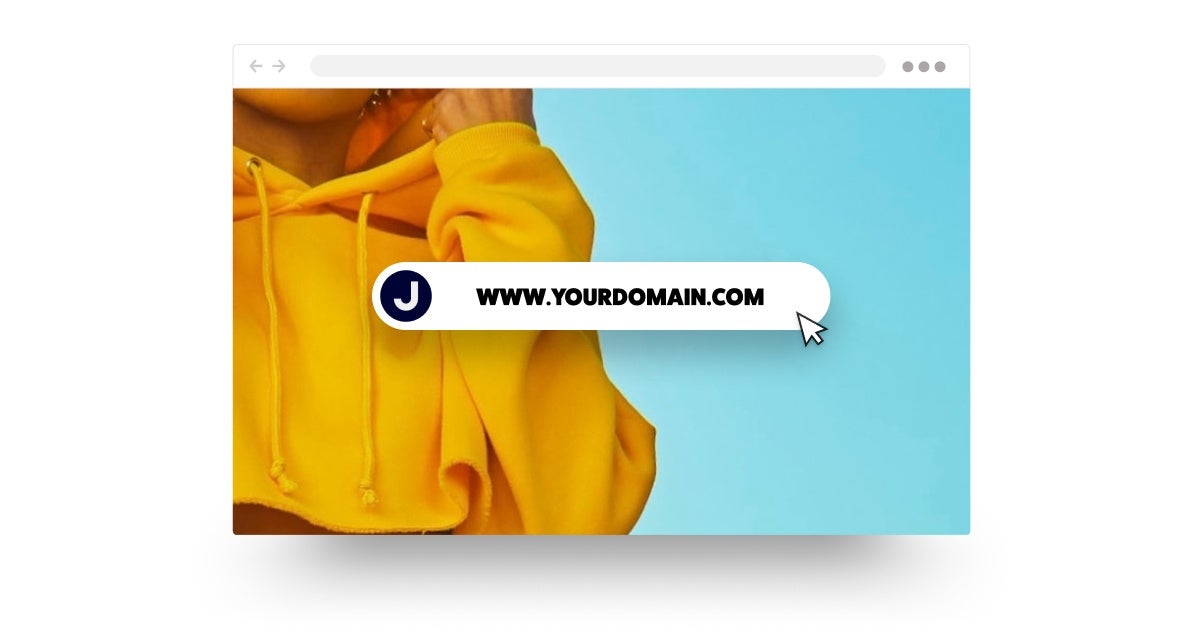 Website Builder, Step 7: Add a professional touch with a custom domain. www.yourdomain.com text on image of person.