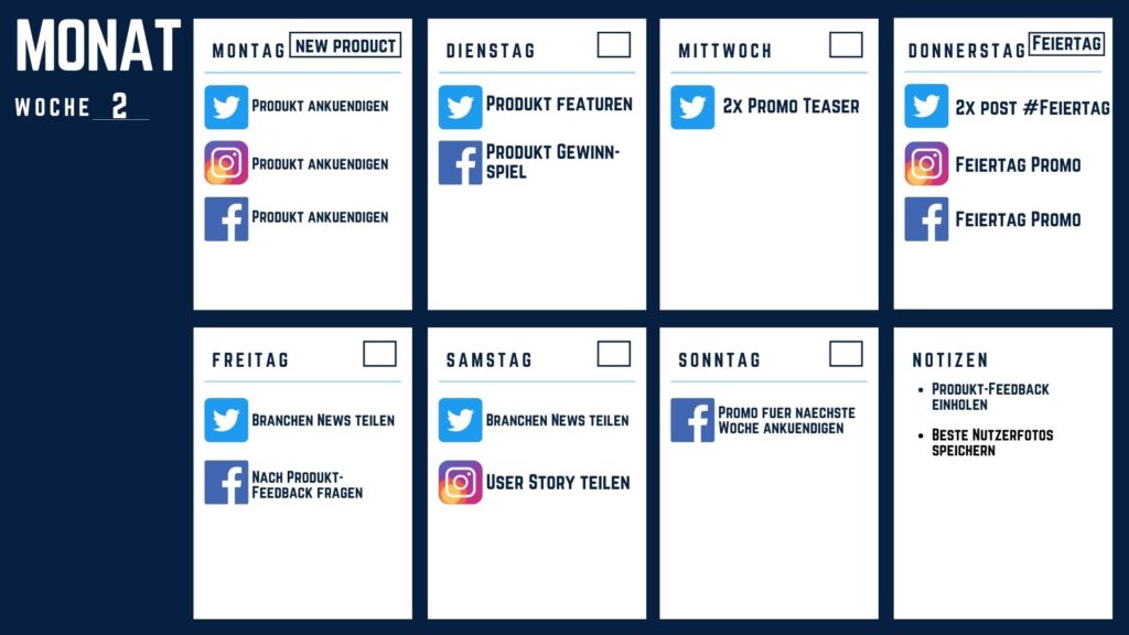 Ein Beispiel für einen Redaktionsplan für euer Social Media Marketing.