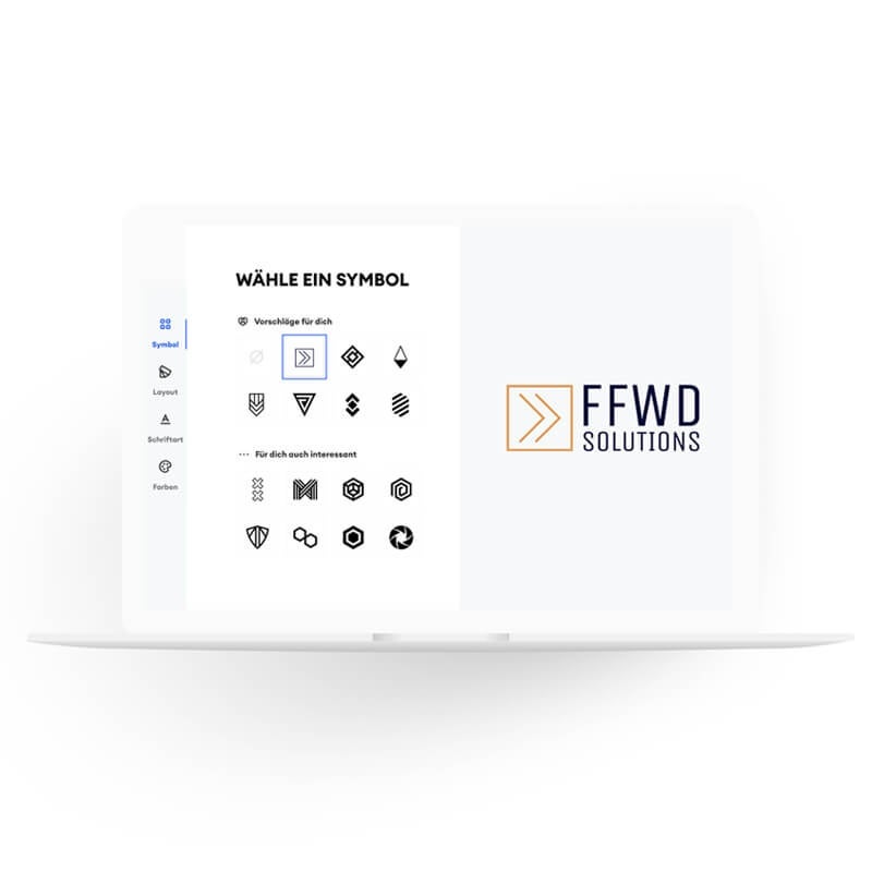A laptop screen showing the logo generator in the process of creating the FFWD logo