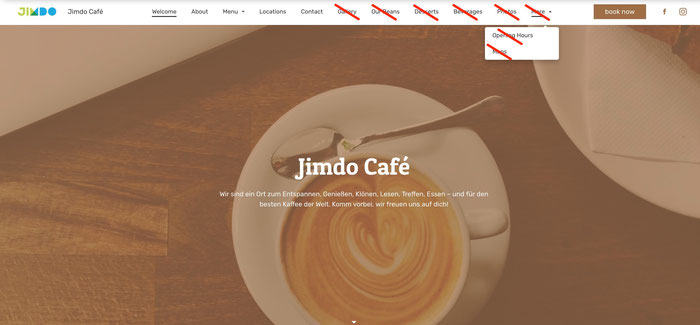 Site Jimdo Café avec une navigation raccourcie et des pages barrées