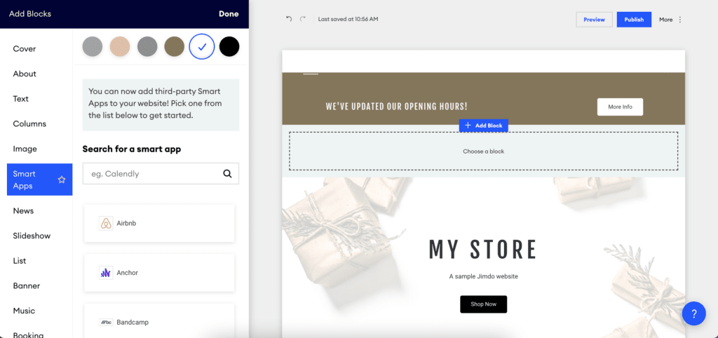 Capture d’écran montrant comment ajouter un bloc Smart Apps sur votre site Jimdo
