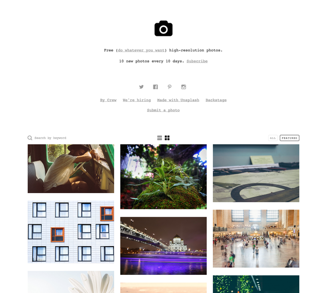 Capture d'écran de la page d'accueil de Unsplash.com