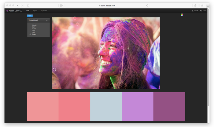 Capture d'ecran Adobe color CC avec une image d'une femme sur un festival holi