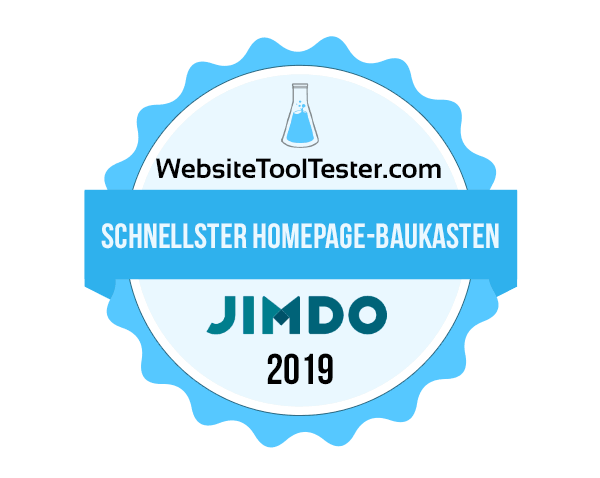 Siegel von WebsiteToolTester.com mit der Aufschrift: Schnellster Homepage-Baukasten Jimdo