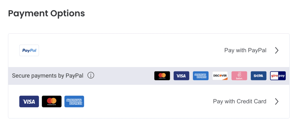 Payment methods shown with PayPal.